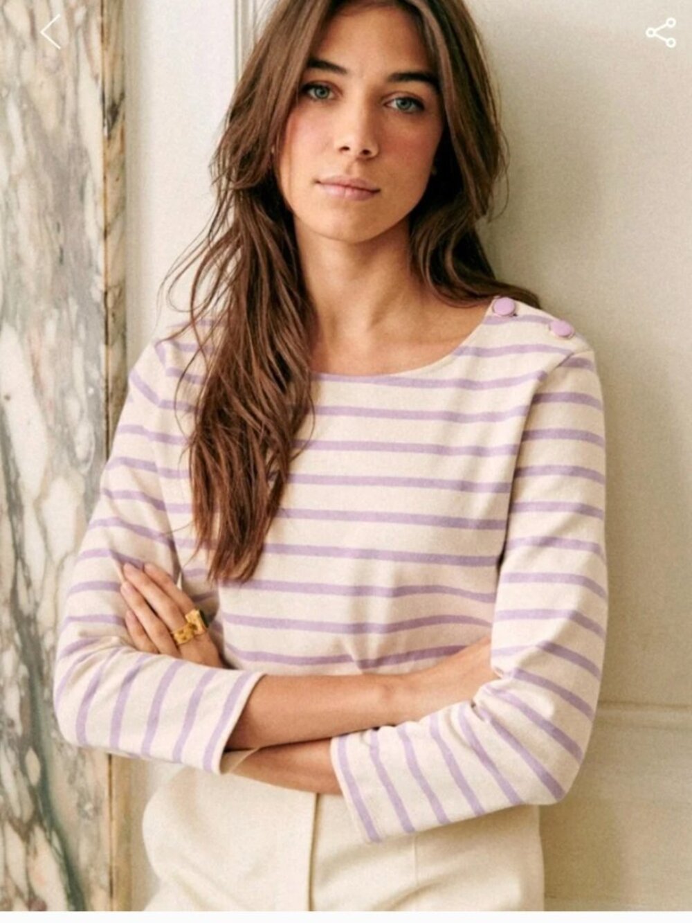Sezane Lavender and cream Striped Long-Sleeve Tee with Shoulder Buttons
